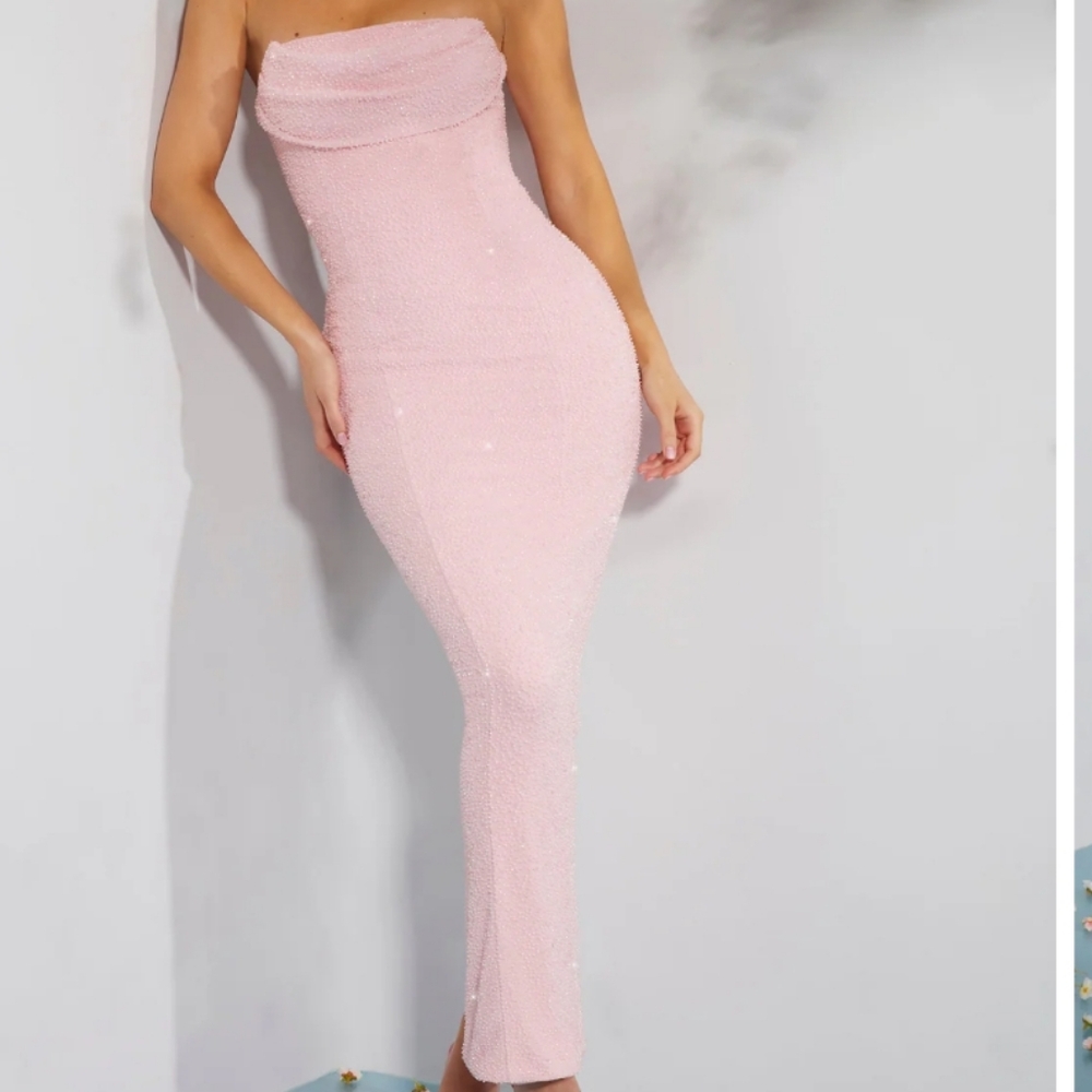 Palermo/ Embellished Bandeau Cowl Neck Maxi Dress in Blush